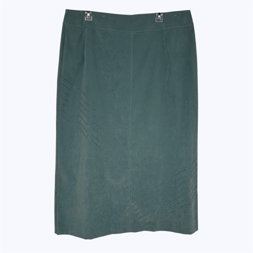 Norton McNaughton Midi Skirt Green Faux Suede Stretch Slit Stitch Detail Sz 18
